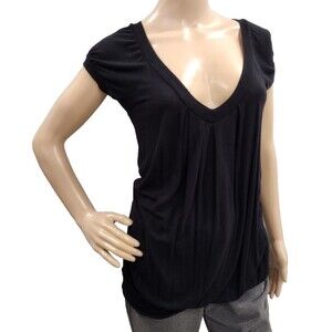 Miley Cyrus Max Azria Women's Medium Black Deep V Neck Pleated Blouse Top Y2K